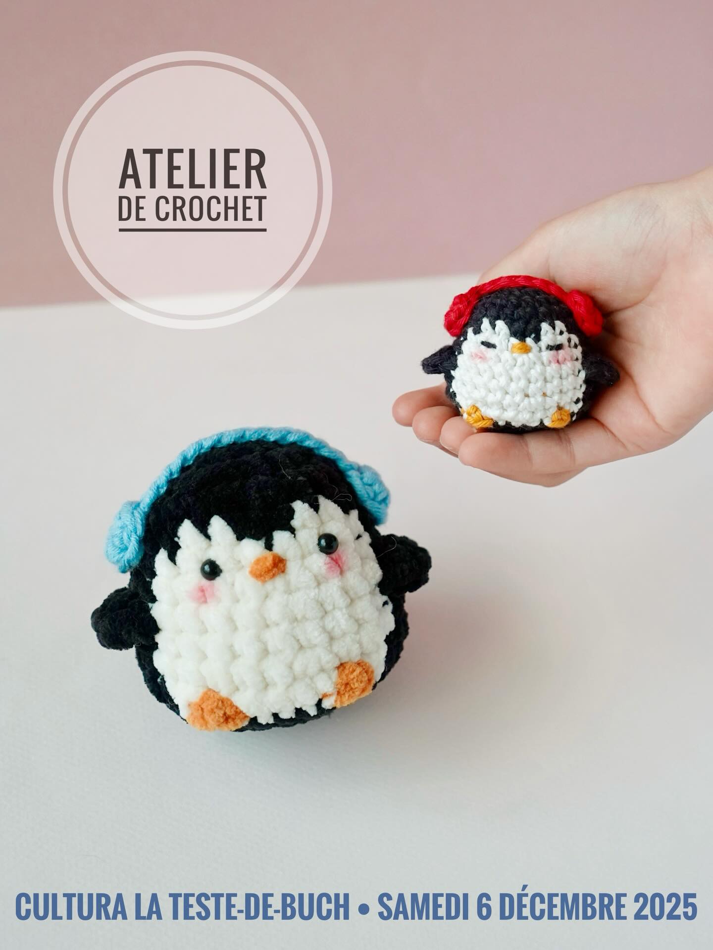 N’oubliez pas notre RDV ce week-end à Cultura La Teste-de-buch 😊
- Découverte de mes petits personnages, rencontres, échanges et dédicaces : 13h30 - 16h30
- Atelier crochet : 16h30 - 18h30 (inscription obligatoire à l’accueil du magasin ou par téléphone au 09 39 03 03 20 - matériel fourni mais si vous êtes habitués à vos propres crochets, n’hésitez pas à les apporter)
À très bientôt 💛