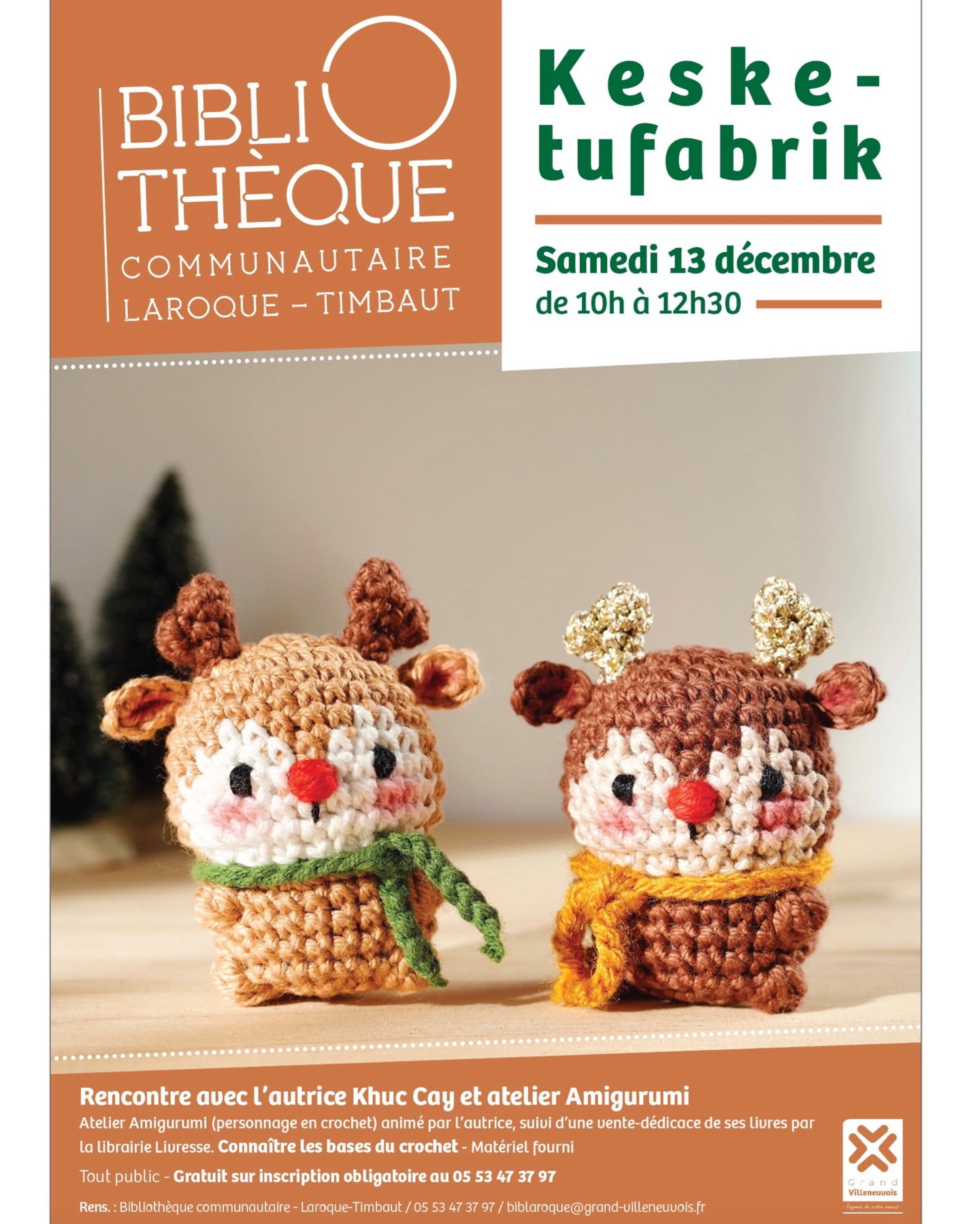 Mes chers amis,
Je serai présente à la bibliothèque du Grand Villeneuvois à Laroque-Timbaut le samedi 13 décembre, de 10h00 à 12h30, pour un atelier et une séance de dédicaces de mes livres (également disponibles à l’achat sur place, grâce à la Librairie Livresse).

Lors de l’atelier, nous réaliserons ces petits rennes. Le matériel est fourni, mais vous pouvez apporter votre crochet de 2,5 mm si vous le souhaitez.
L’atelier est gratuit, sur inscription au 05 53 47 37 97.

Si vous ne savez pas encore crocheter, vous êtes les bienvenus pour venir observer.
À très bientôt 💛